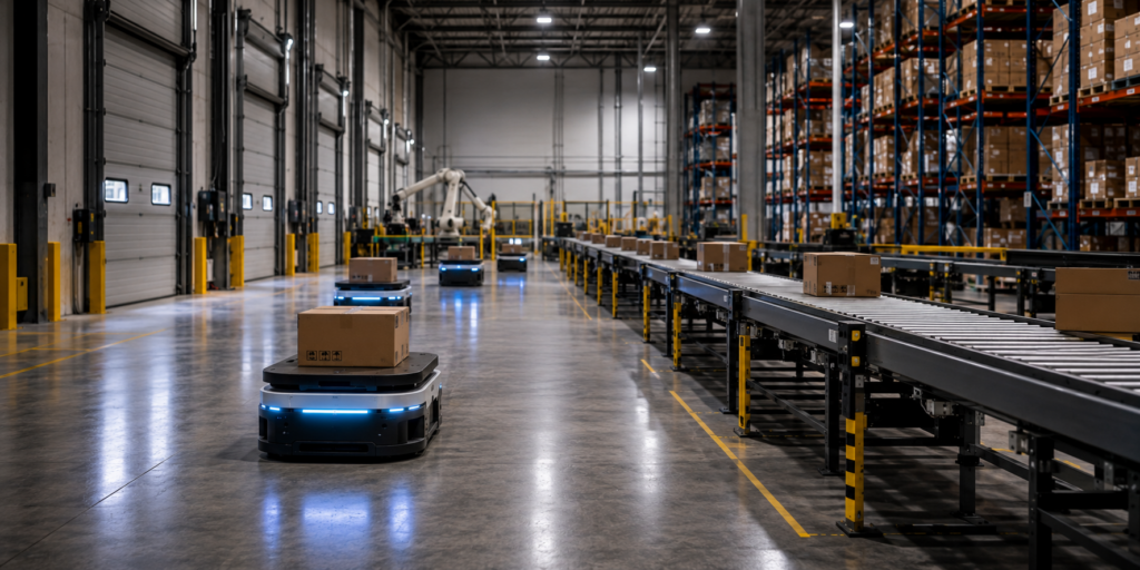 Industrial manufacturing facility designed for automation with robotics, automated conveyance systems, and advanced warehouse operations.