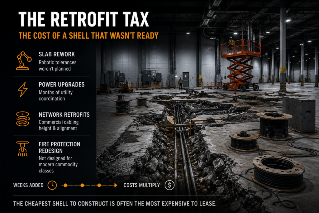 Industrial warehouse utility infrastructure including electrical conduit, fiber connectivity, and automation-ready systems for robotics and manufacturing operations.