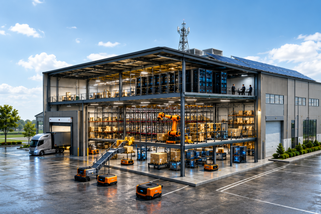 Modern industrial warehouse interior prepared for automation, robotics integration, automated storage systems, and future manufacturing technologies.