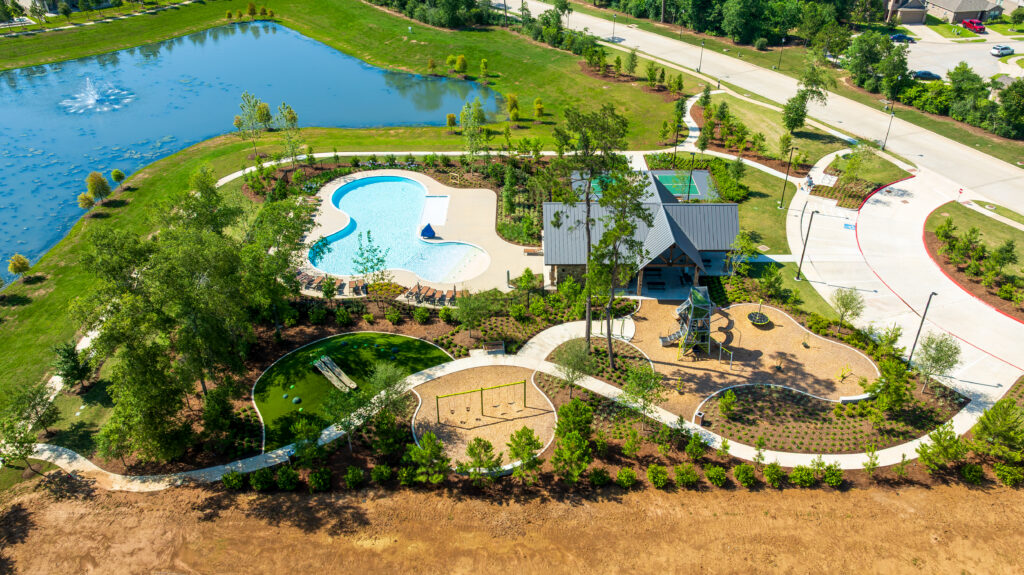 Community pool pavilion overlooking the swimming pool, designed to support recreation and neighborhood amenities.